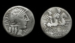 Q. Minucius Rufus, Denarius, Dioscuri Reverse